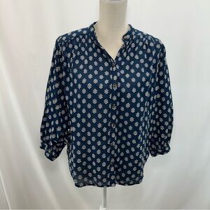 Anthropologie Oversized Kimono Top Womens XS Blue Geometric Button Up 3/4 Sleeve